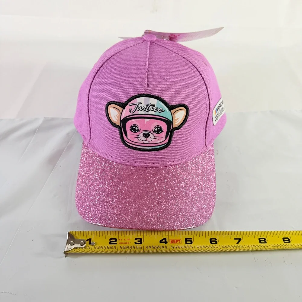 Justice x NASCAR Girls Pink Glitter Brim Baseball Hat Chihuahau Dog OSFM